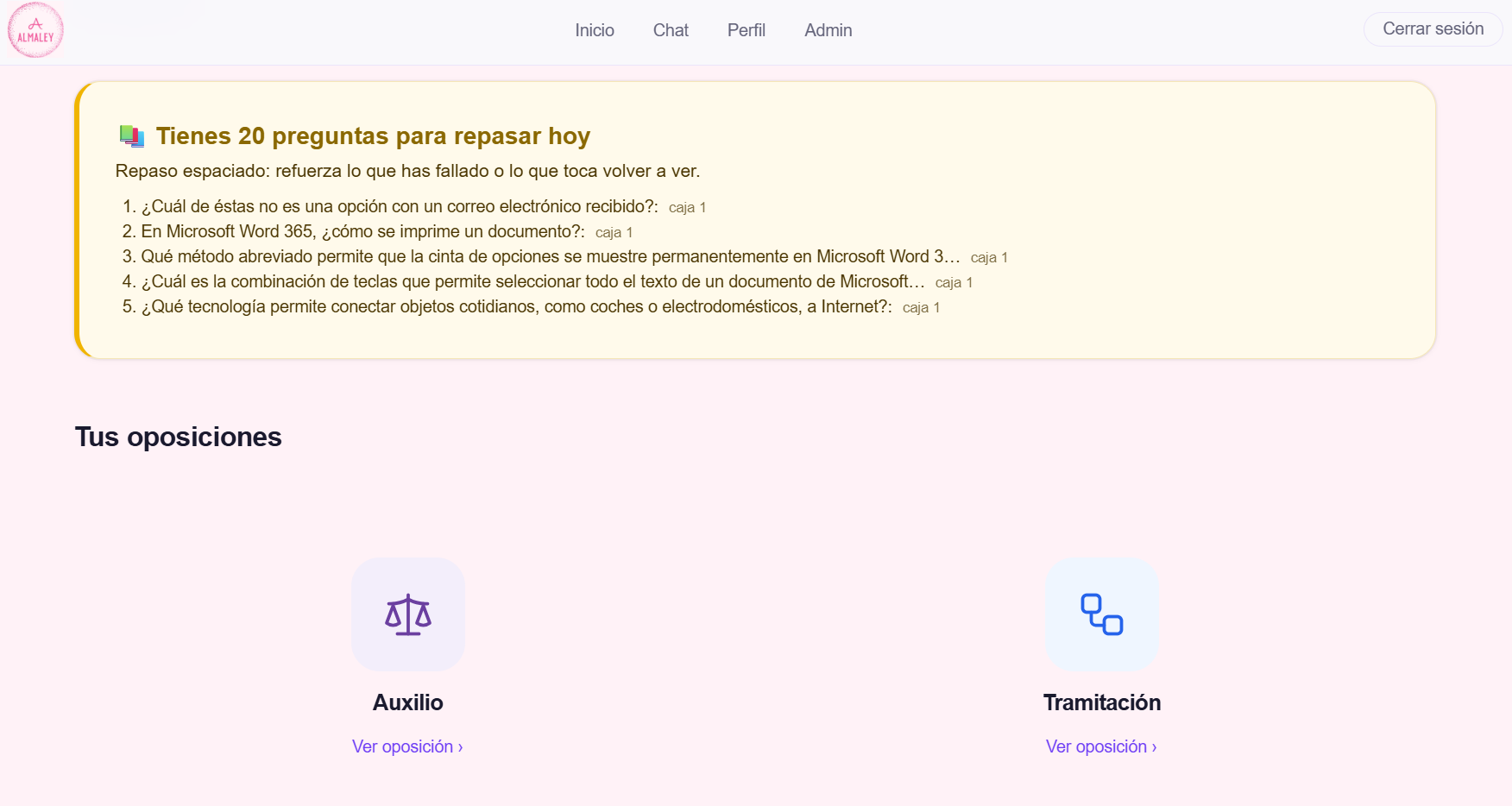 Aviso de repaso espaciado con las preguntas falladas o pendientes de volver a ver ese día