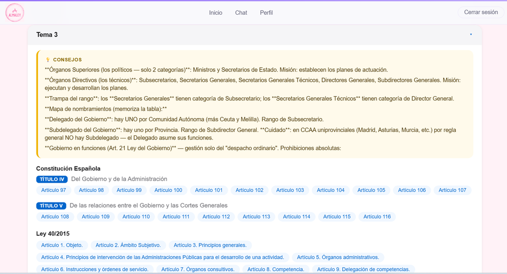 Temario organizado por tema, con consejos de estudio y los artículos de cada ley